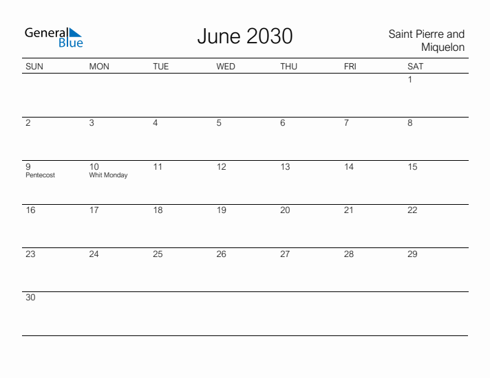 Printable June 2030 Calendar for Saint Pierre and Miquelon