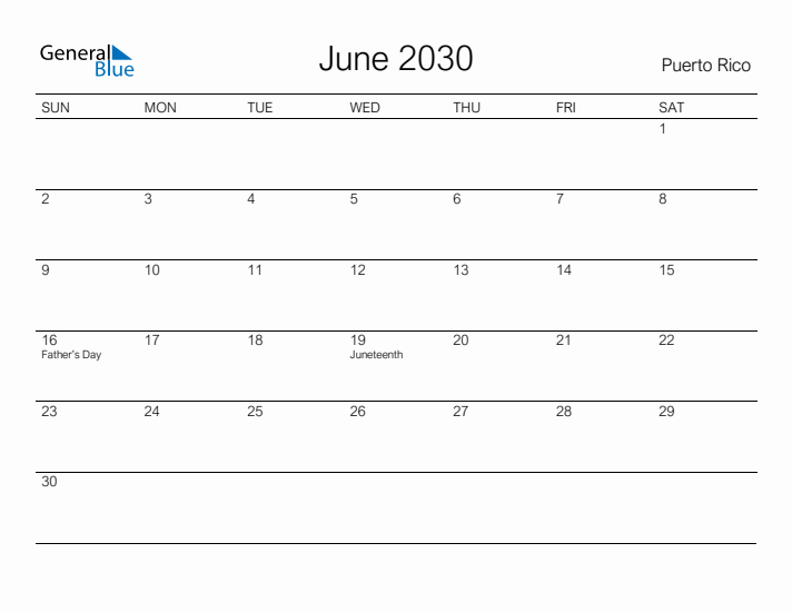 Printable June 2030 Calendar for Puerto Rico