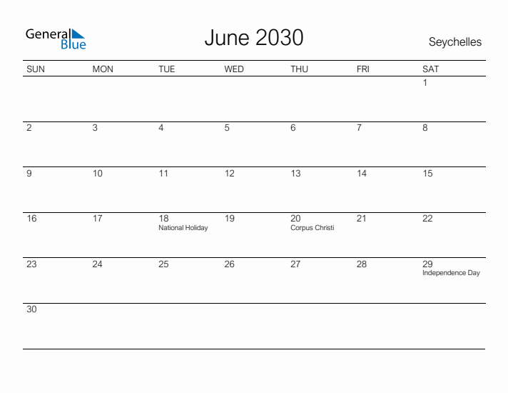 Printable June 2030 Calendar for Seychelles