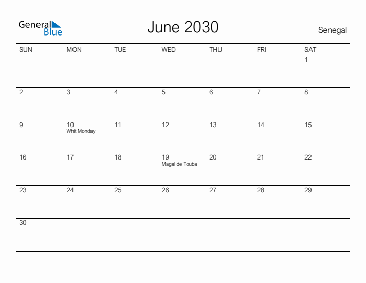 Printable June 2030 Calendar for Senegal