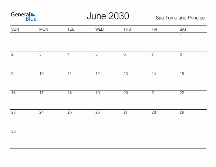 Printable June 2030 Calendar for Sao Tome and Principe