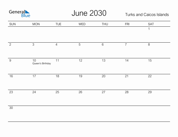 Printable June 2030 Calendar for Turks and Caicos Islands