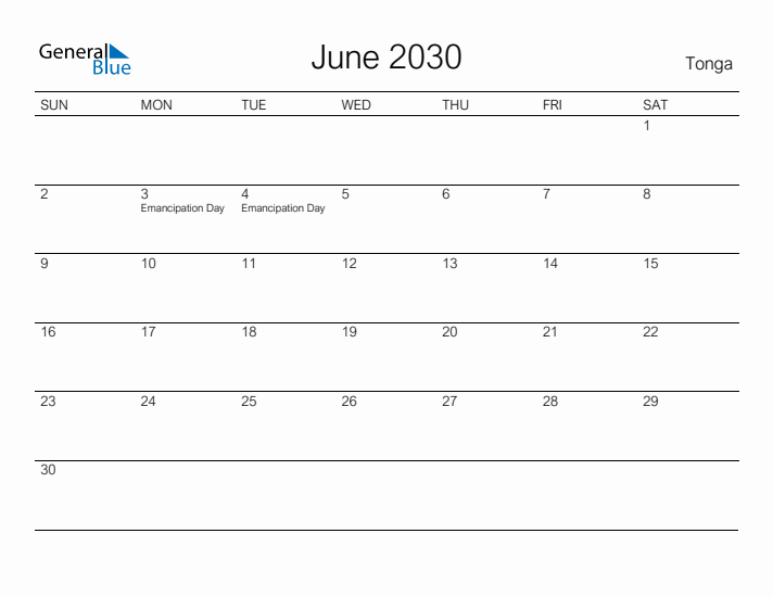 Printable June 2030 Calendar for Tonga