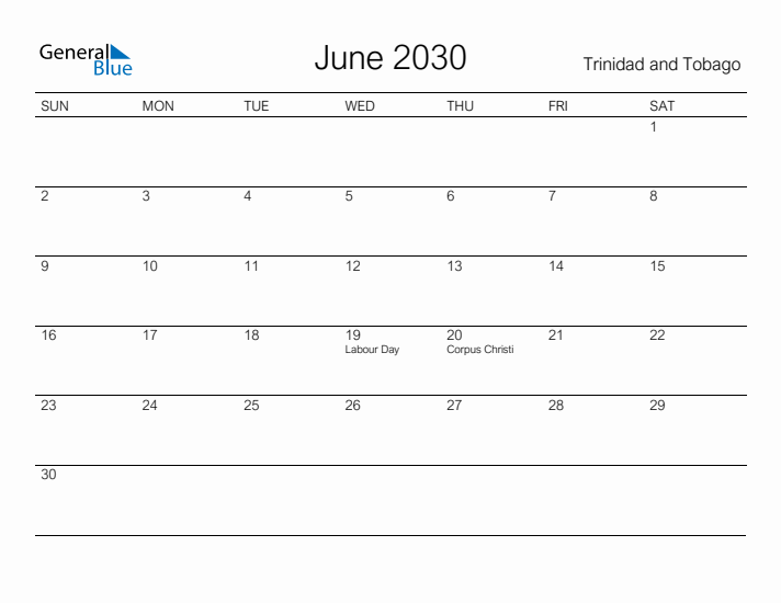 Printable June 2030 Calendar for Trinidad and Tobago