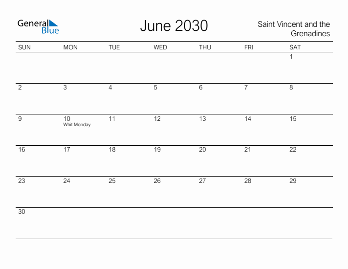 Printable June 2030 Calendar for Saint Vincent and the Grenadines