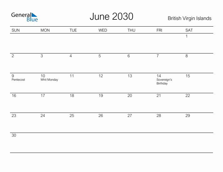 Printable June 2030 Calendar for British Virgin Islands