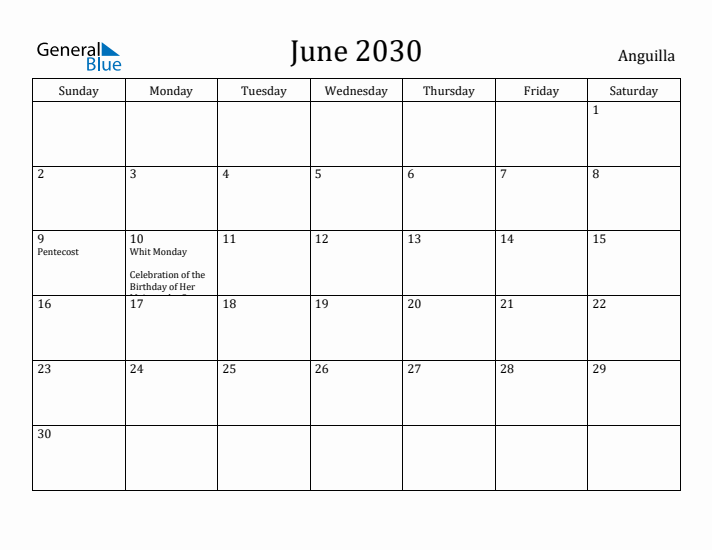 June 2030 Calendar Anguilla