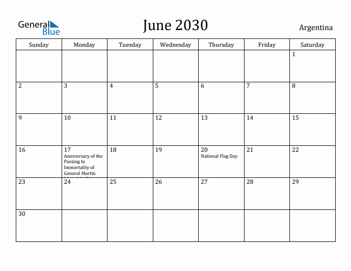 June 2030 Calendar Argentina