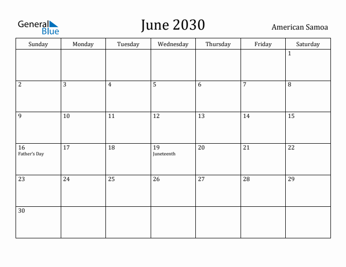 June 2030 Calendar American Samoa