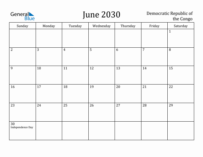 June 2030 Calendar Democratic Republic of the Congo