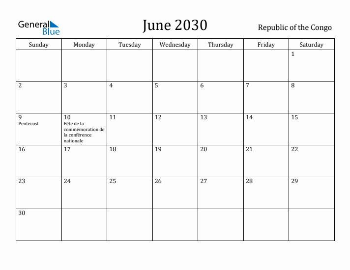 June 2030 Calendar Republic of the Congo