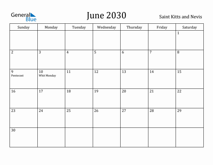 June 2030 Calendar Saint Kitts and Nevis