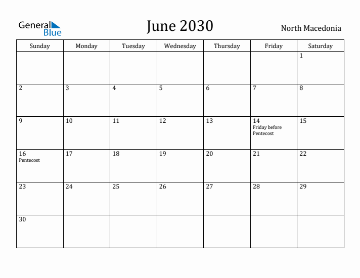 June 2030 Calendar North Macedonia