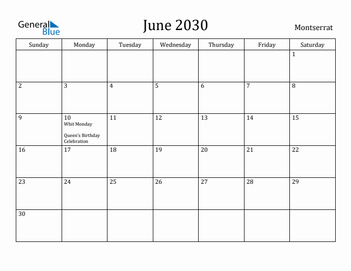 June 2030 Calendar Montserrat