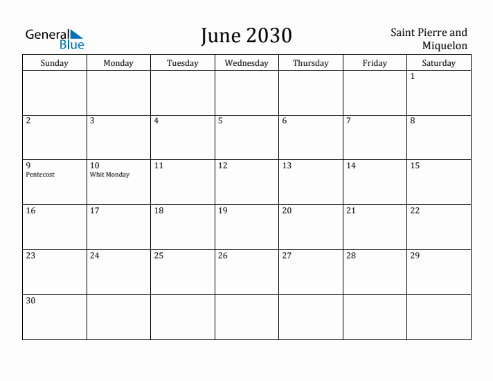 June 2030 Calendar Saint Pierre and Miquelon