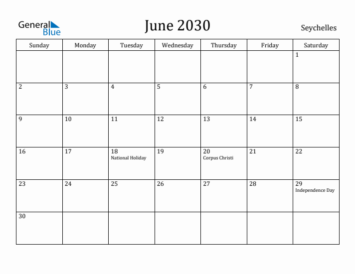 June 2030 Calendar Seychelles