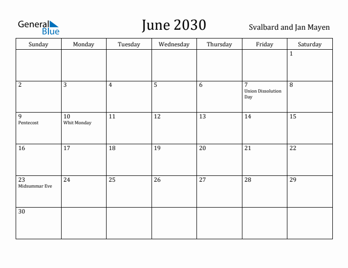 June 2030 Calendar Svalbard and Jan Mayen