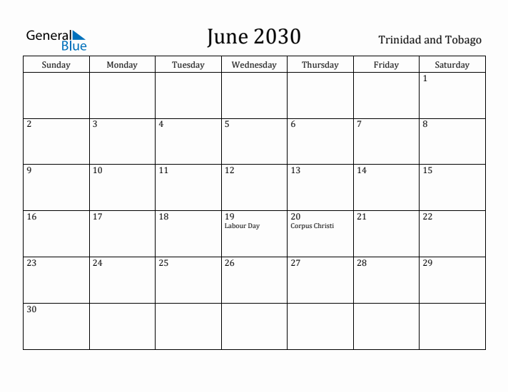 June 2030 Calendar Trinidad and Tobago