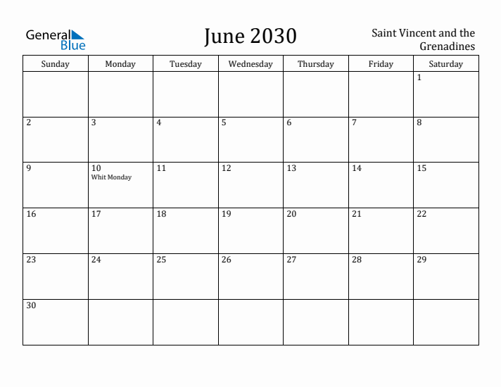 June 2030 Calendar Saint Vincent and the Grenadines