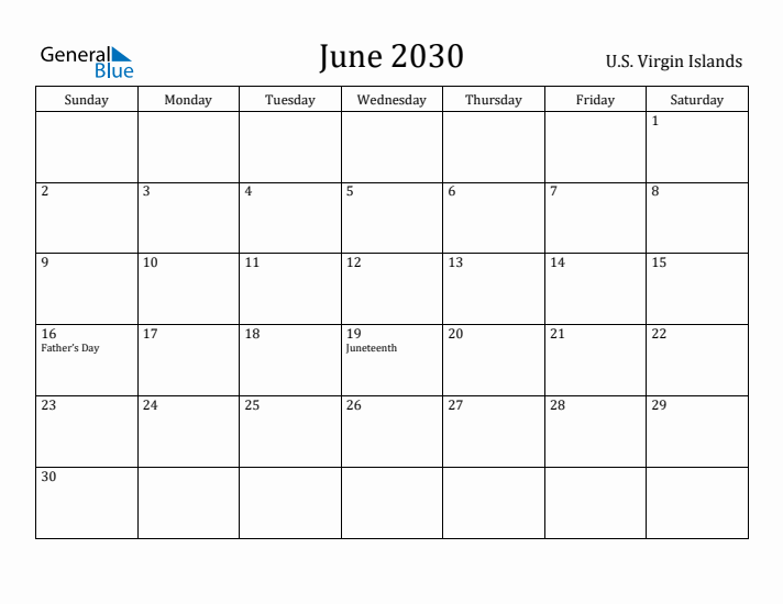 June 2030 Calendar U.S. Virgin Islands