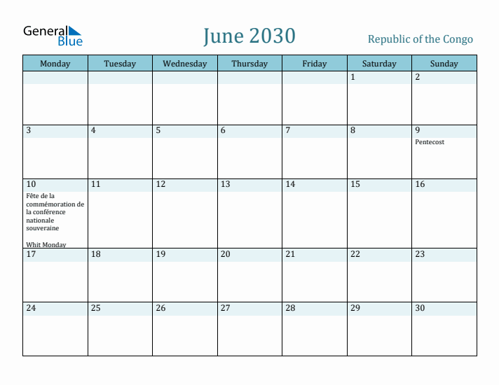 June 2030 Calendar with Holidays