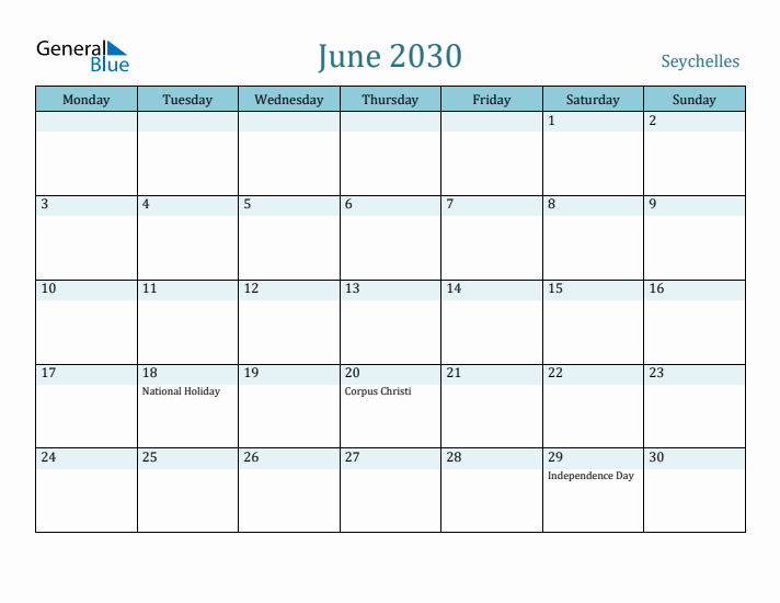 June 2030 Calendar with Holidays