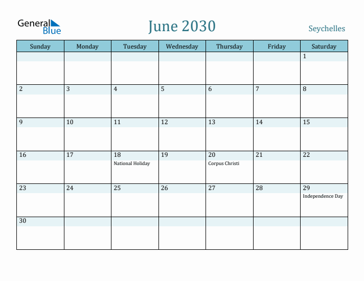 June 2030 Calendar with Holidays