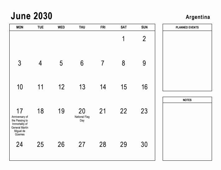 June 2030 Printable Monthly Calendar with Argentina Holidays