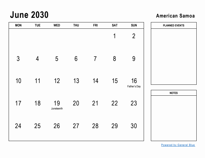 June 2030 Printable Monthly Calendar with American Samoa Holidays
