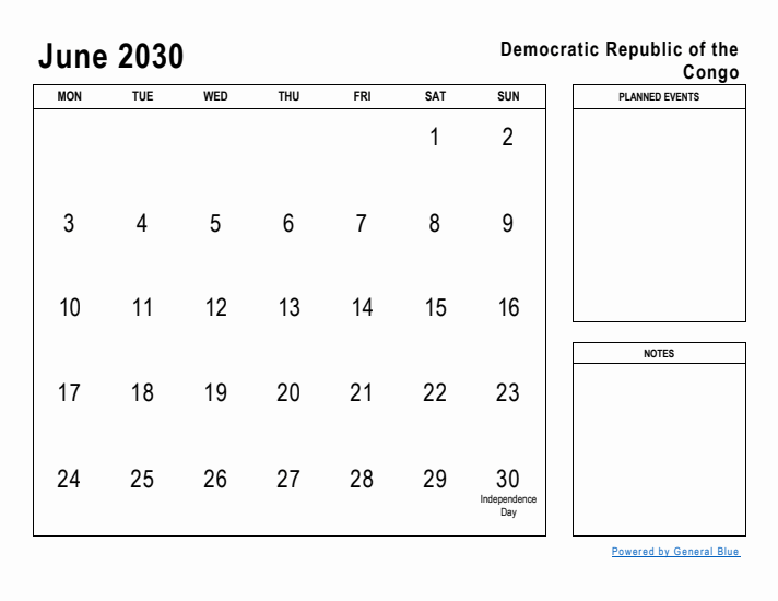 June 2030 Printable Monthly Calendar with Democratic Republic of the Congo Holidays