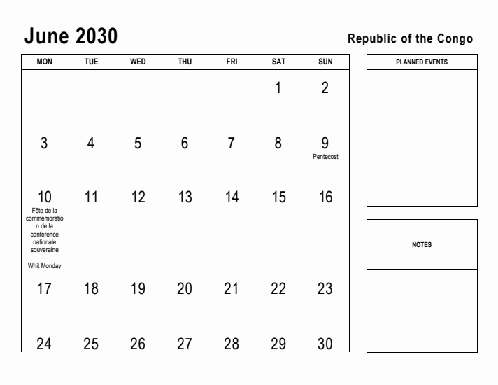 June 2030 Printable Monthly Calendar with Republic of the Congo Holidays