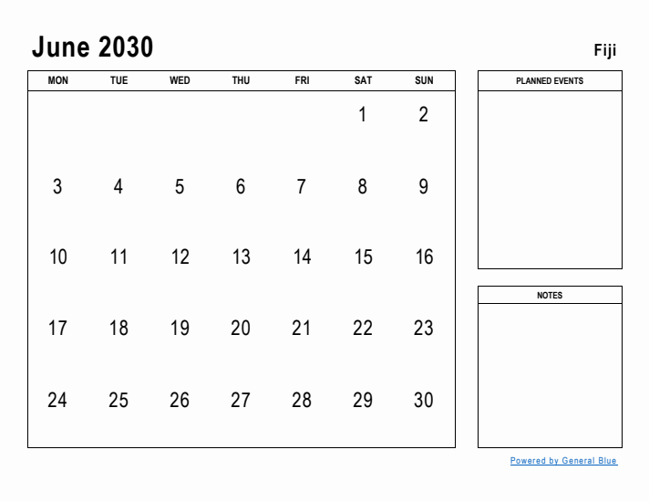 June 2030 Printable Monthly Calendar with Fiji Holidays