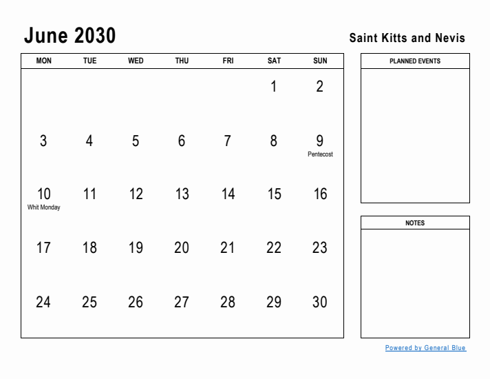 June 2030 Printable Monthly Calendar with Saint Kitts and Nevis Holidays