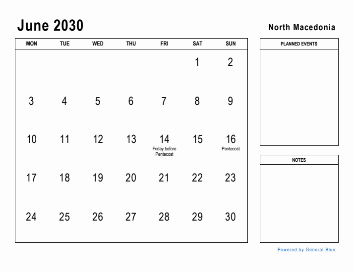 June 2030 Printable Monthly Calendar with North Macedonia Holidays