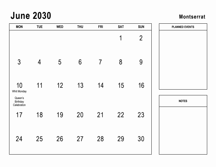 June 2030 Printable Monthly Calendar with Montserrat Holidays