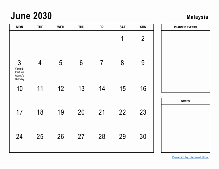 June 2030 Printable Monthly Calendar with Malaysia Holidays