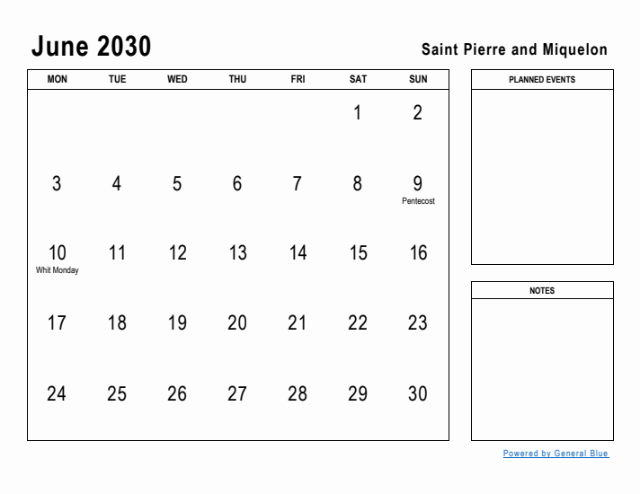 June 2030 Printable Monthly Calendar with Saint Pierre and Miquelon Holidays