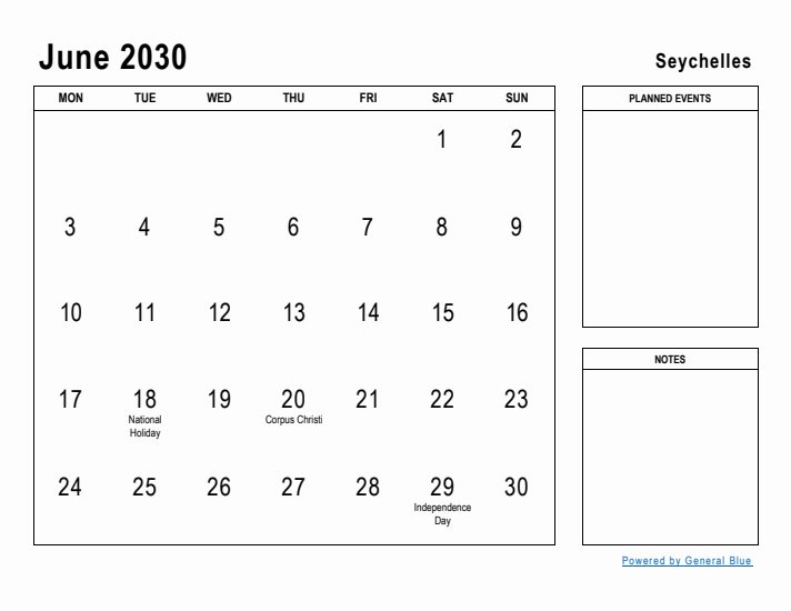 June 2030 Printable Monthly Calendar with Seychelles Holidays