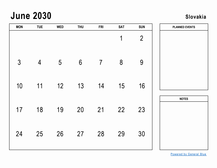 June 2030 Printable Monthly Calendar with Slovakia Holidays