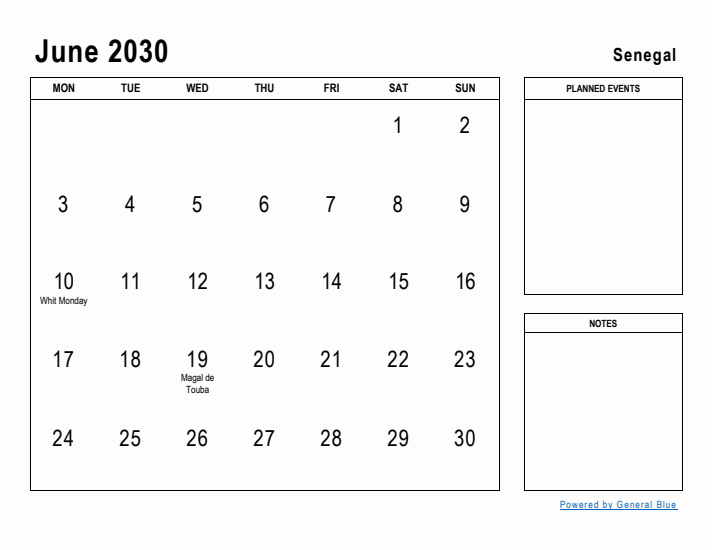 June 2030 Printable Monthly Calendar with Senegal Holidays