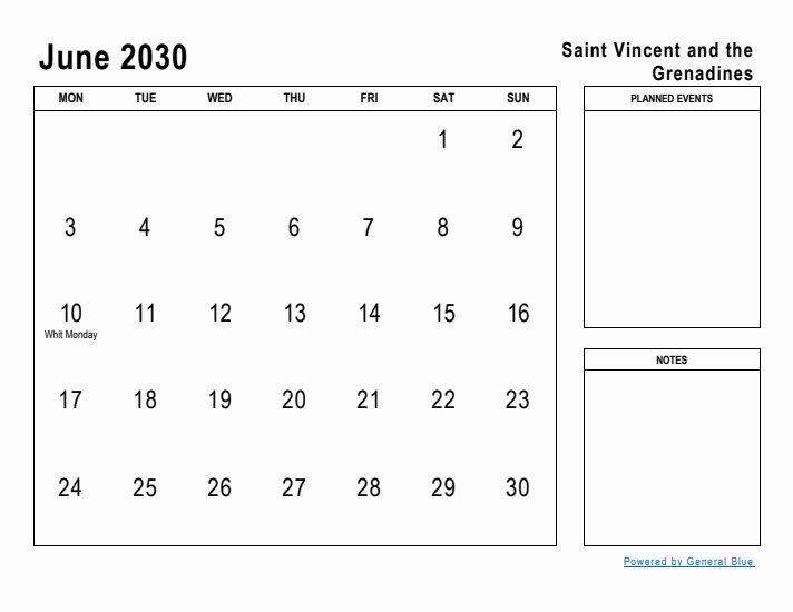 June 2030 Printable Monthly Calendar with Saint Vincent and the Grenadines Holidays