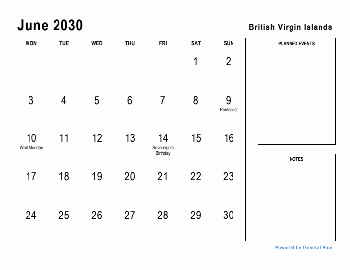 June 2030 Printable Monthly Calendar with British Virgin Islands Holidays