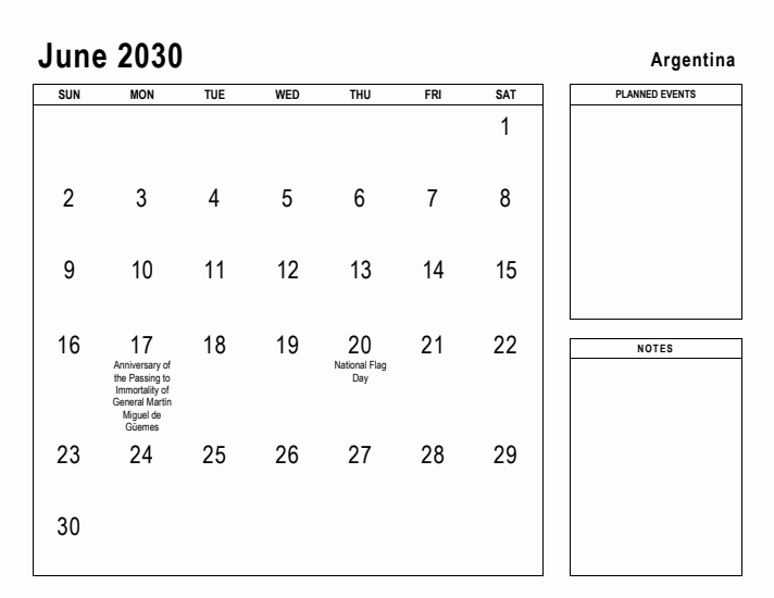 June 2030 Printable Monthly Calendar with Argentina Holidays