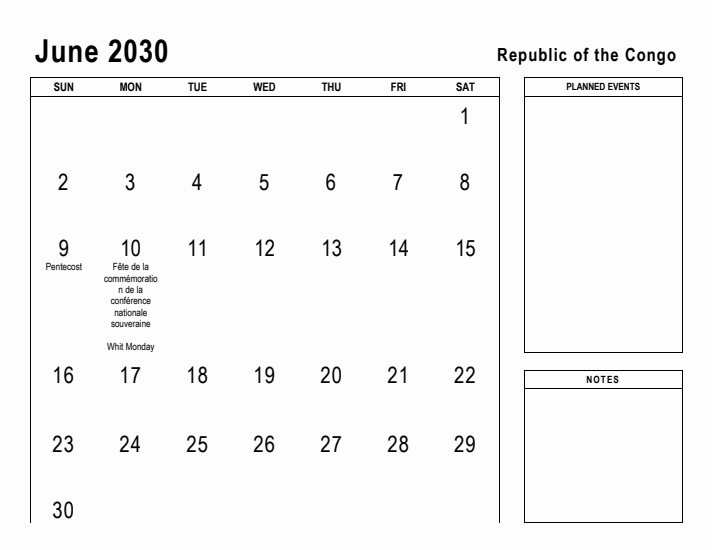 June 2030 Printable Monthly Calendar with Republic of the Congo Holidays