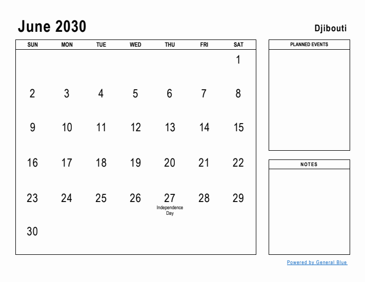 June 2030 Printable Monthly Calendar with Djibouti Holidays
