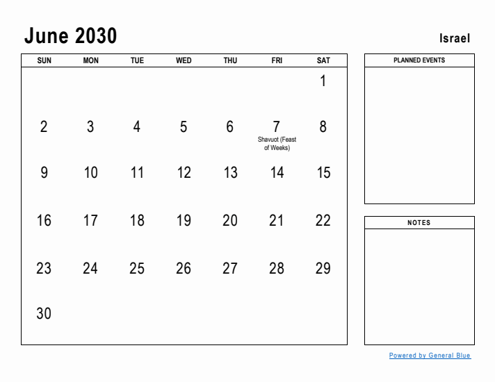 June 2030 Printable Monthly Calendar with Israel Holidays