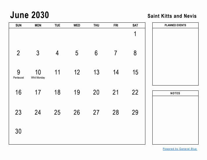 June 2030 Printable Monthly Calendar with Saint Kitts and Nevis Holidays