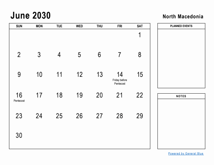 June 2030 Printable Monthly Calendar with North Macedonia Holidays