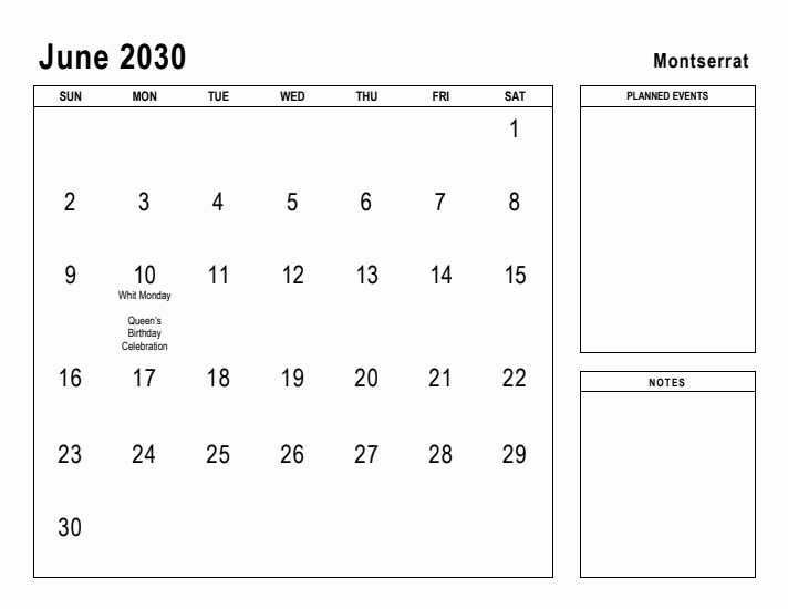 June 2030 Printable Monthly Calendar with Montserrat Holidays