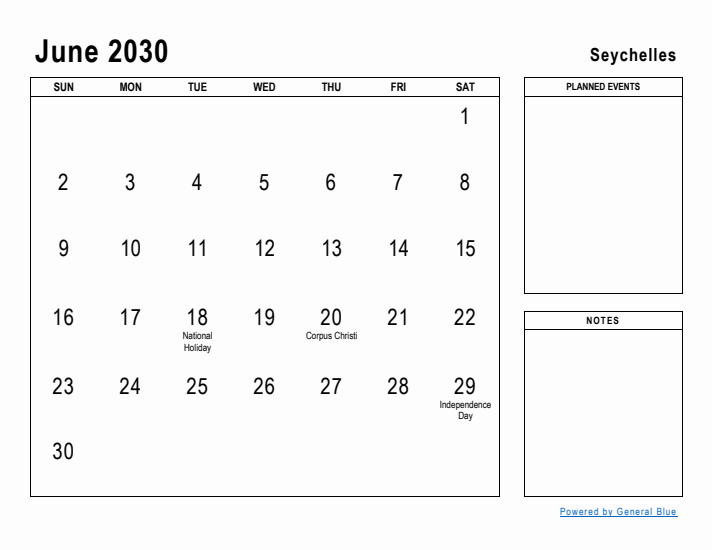 June 2030 Printable Monthly Calendar with Seychelles Holidays